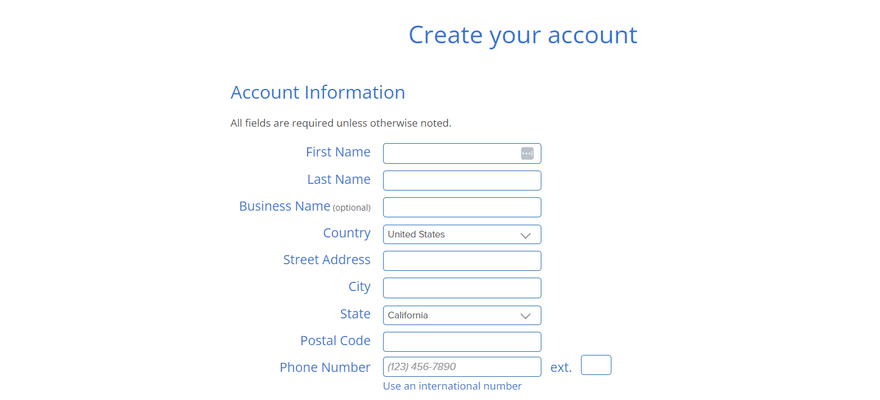 The sign up form for Bluehost