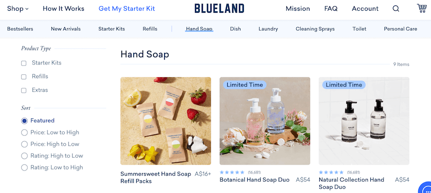 Blueland Shopify store screenshot