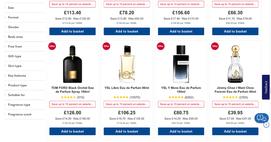 Products listed on Boots website with 12 filters in the left-hand sidebar
