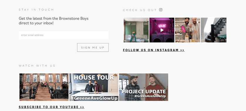 Brownstone Boys footer starts with an email signup form