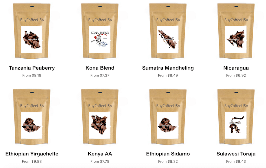 BuyCoffeeUSA eight product images in a grid, with prices