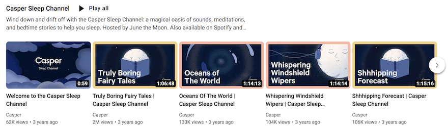 Casper Sleep YouTube channel with videos of sleep stories