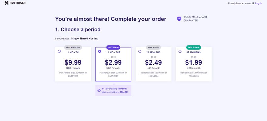 Four different contract options for Hostinger's shared hosting plan, from one month to a 3 year term