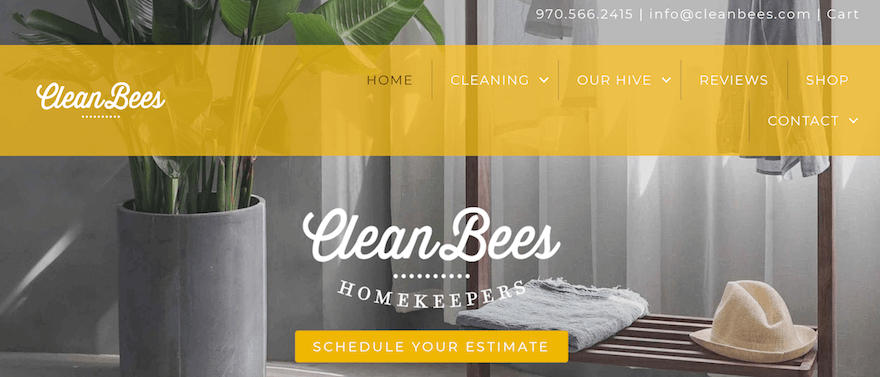 Clean Bees website with a yellow button to schedule your estimate