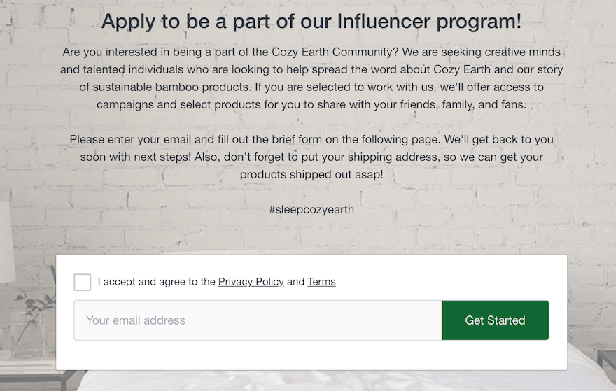 Cozy Earth influencer signup page with email form