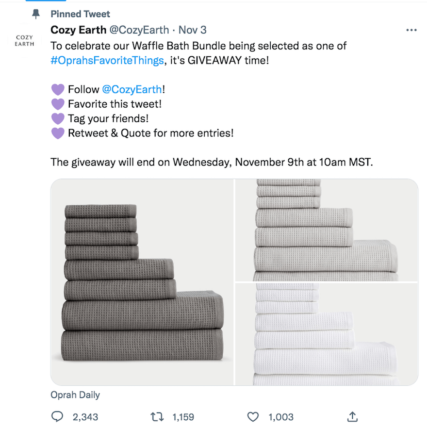 Cozy Earth Twitter competition tweet with towels giveaway