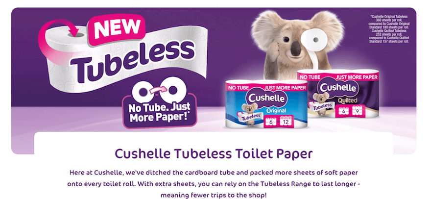 Ad for Cushelle's tubeless toilet paper