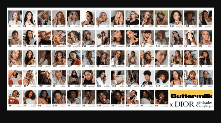 Grid of 67 photos of people with different skin tones for Dior and Buttermilk foundation