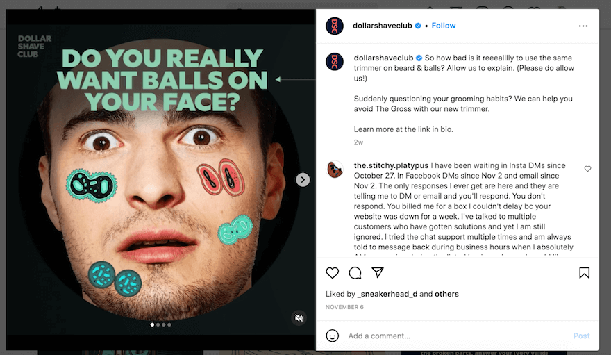 Dollar Shave Club Instagram post with image of man looking scared with bacteria on face