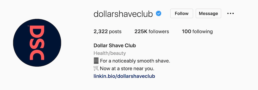 Dollar Shave Club Instagram profile with 225k followers