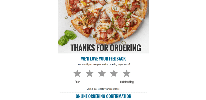 Dominos thank you message with photo of pizza and star rating