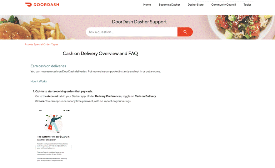 DoorDash support page showing Cash on Delivery FAQs