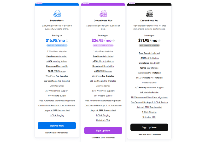 Pricing and key features for DreamHost's 3 DreamPress hosting plans