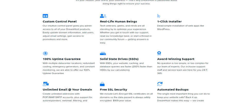 Columns detailing DreamHost's web hosting features