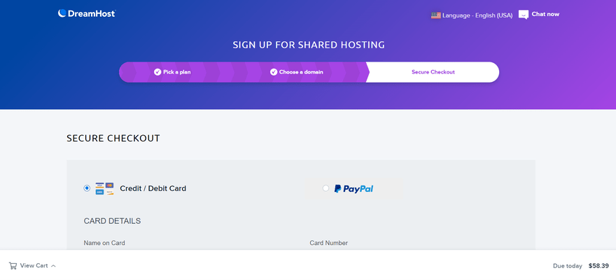 The sign up page for a DreamHost plan with credit card form.