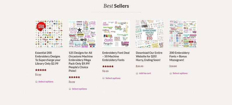 Embroidery Super Deal showcases its bestsellers on the website’s front page.