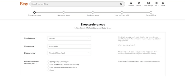 Etsy shop preferences