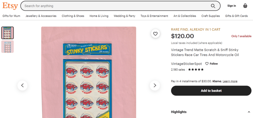 Etsy product page showing vintage car stickers, price, and description