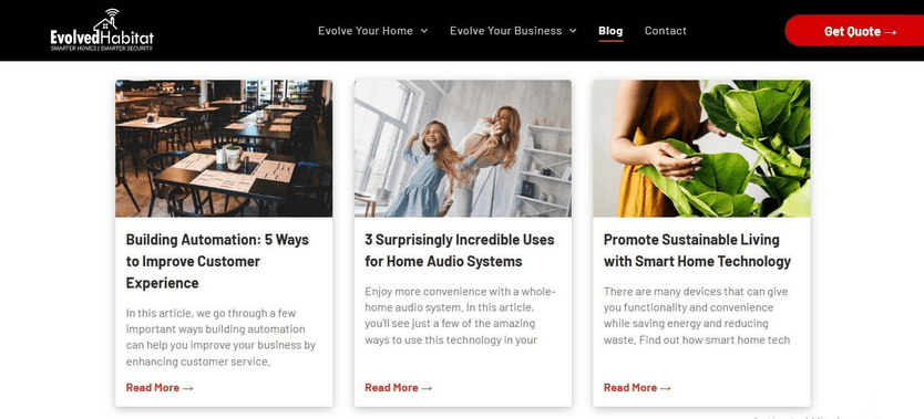 Evolved Habitat blog posts are organized in a clean layout.