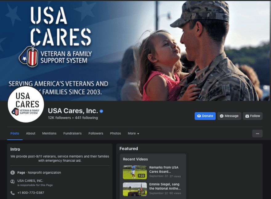 Facebook fundraiser page for USA Cares non-profit