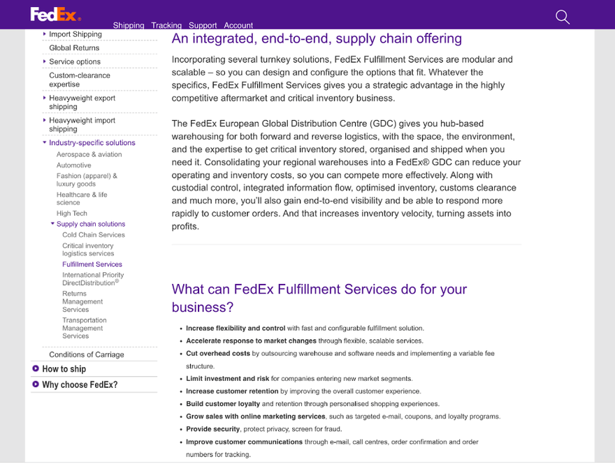 FedEx website describing its fulfillment services
