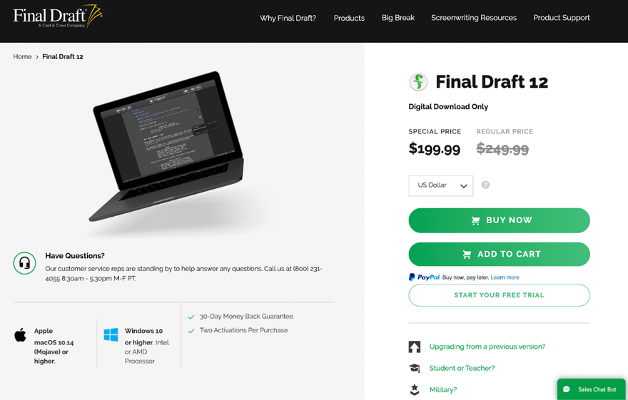 Final Draft product page with photo, price, and features