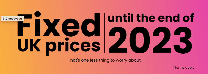 Ad from giffgaff reassuring its customers that its UK prices will remain fixed until the end of 2023