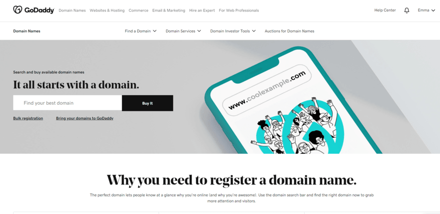 GoDaddy's domain name homepage with search bar to input domain name