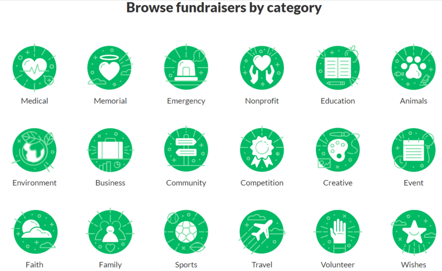 Grid of 18 GoFundMe fundraiser category icons