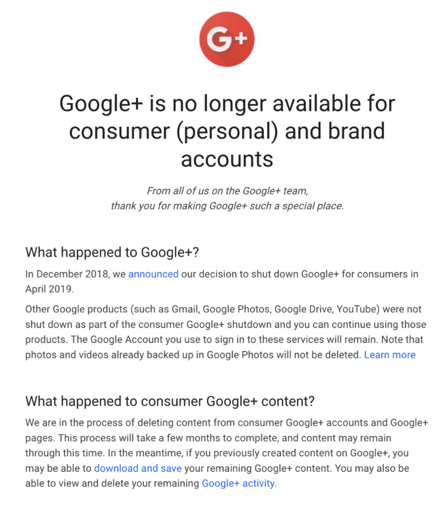 Google+ page that explains it is no longer available for personal and brand accounts