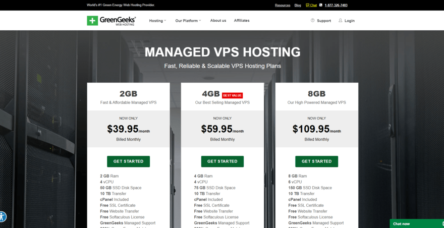 Pricing for GreenGeeks' three VPS hosting plans along with a list of each plan's features