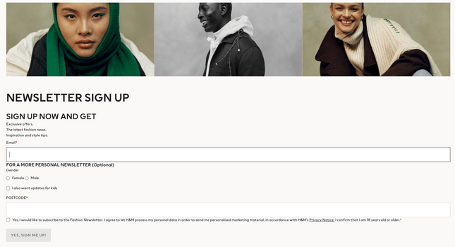 H&M Newsletter Sign up screenshot