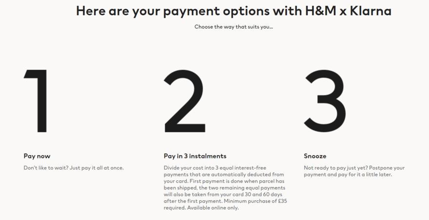 H&M x Klarna three payment options: Pay now, in instalments, or pay later