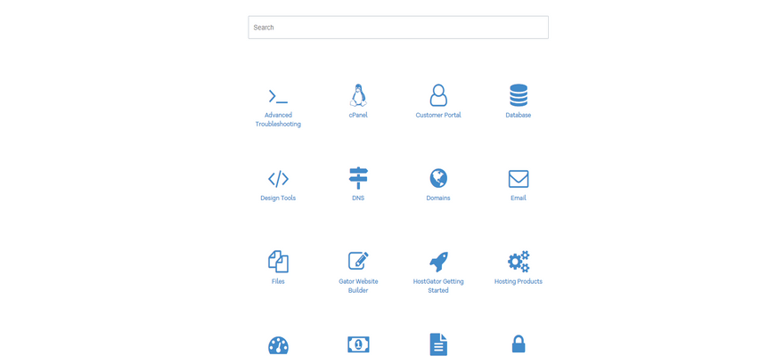 Grid of icons signaling categories within HostGator's knowledge center