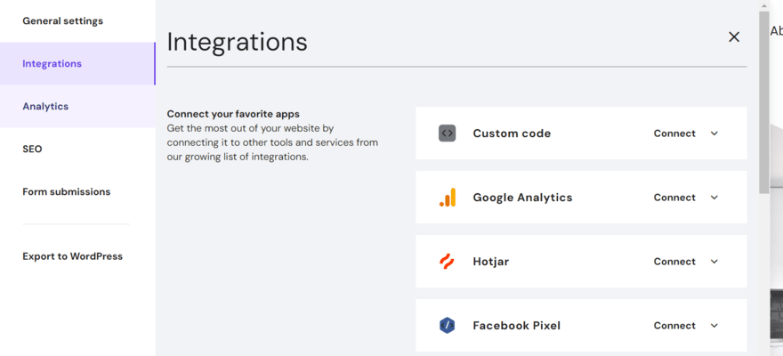 List of integrations to add to Hostinger website