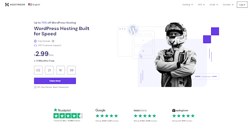 Hostinger wordpress homepage showing discounted price and grpahic of a racecar driver