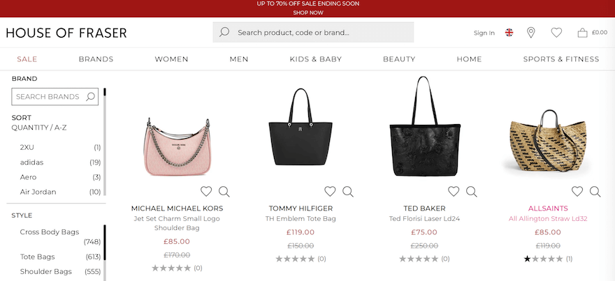 House of Fraser product page screenshot