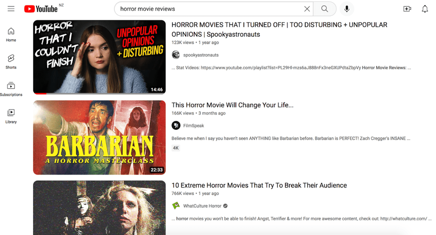 Three different horror movie review YouTube videos on YouTube search