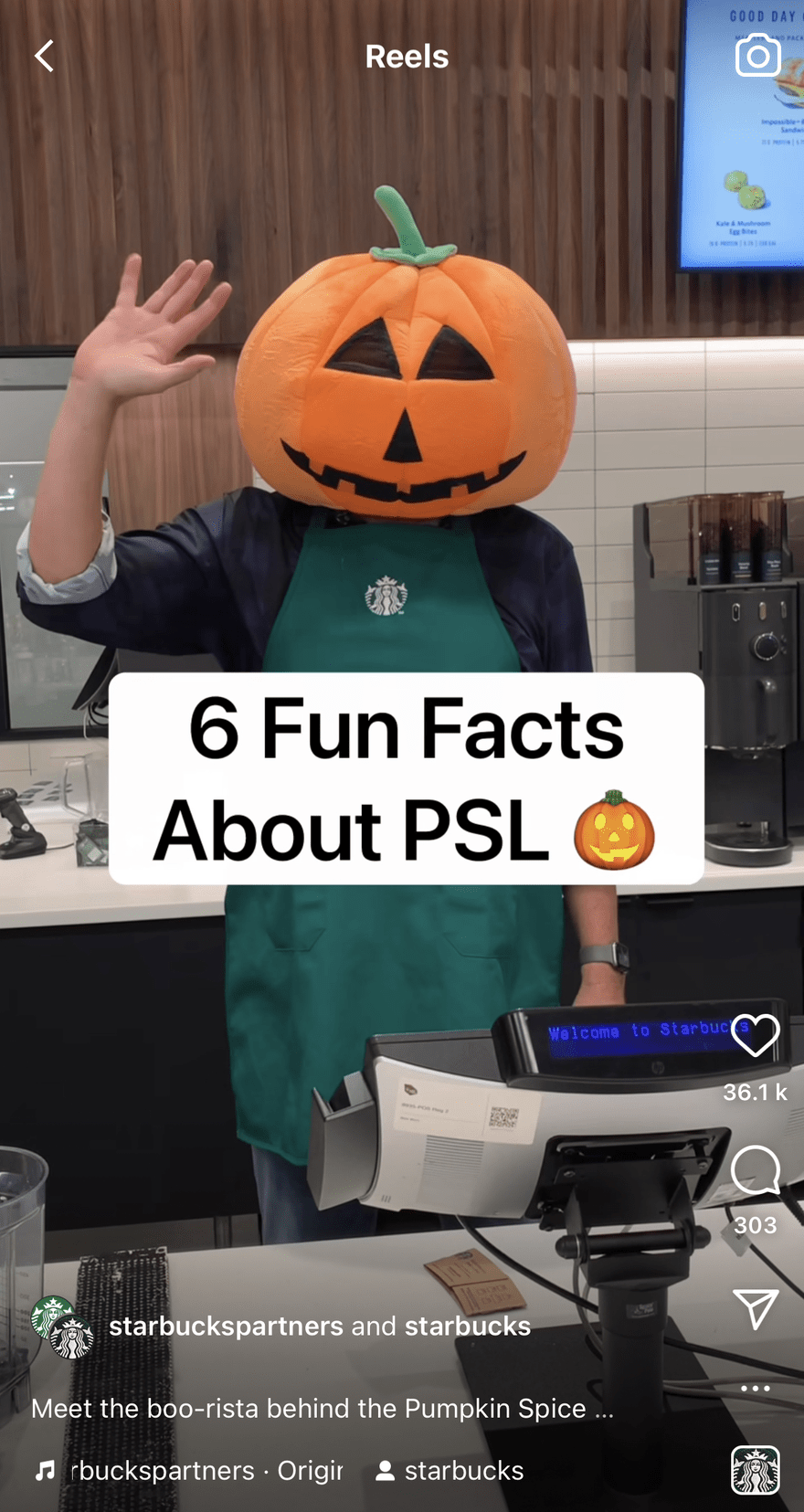 Starbucks reel featuring a barista wearing a pumpkin head