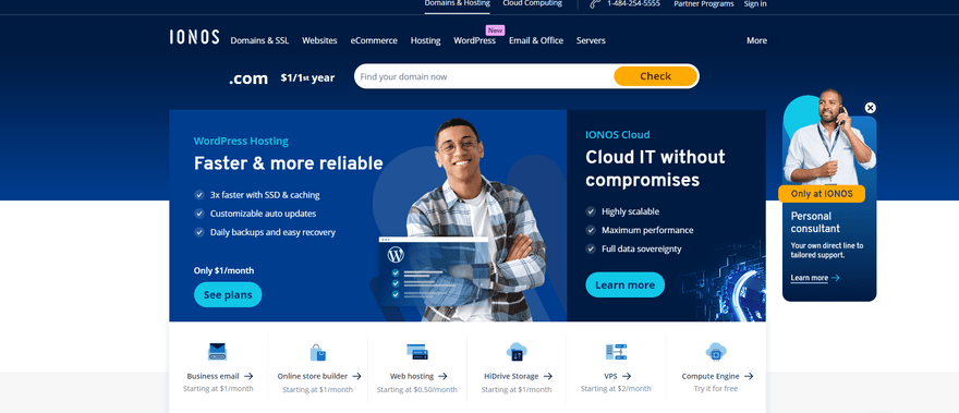 IONOS homepage featuring buttons to learn more and see its hosting plans