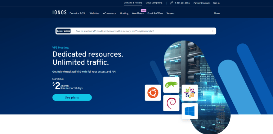 VPS hosting homepage on IONOS' website featuring its starting price and a button to view plans