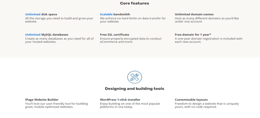 List of core features on iPage's shared hosting plans