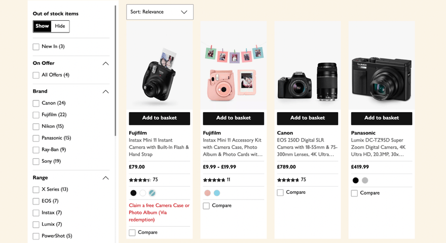 Product page on John Lewis with filters on the left, and numbers next to each filter showing number of products available