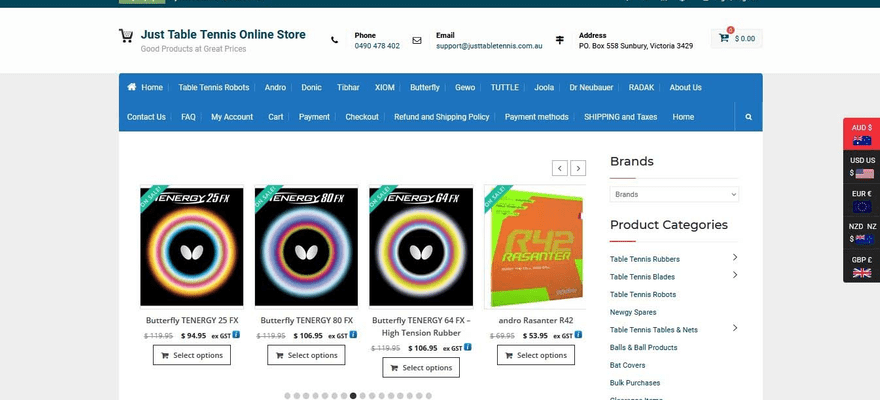 Just Table Tennis’s Square Online store boasts a comprehensive navigation menu, and a solid user experience.