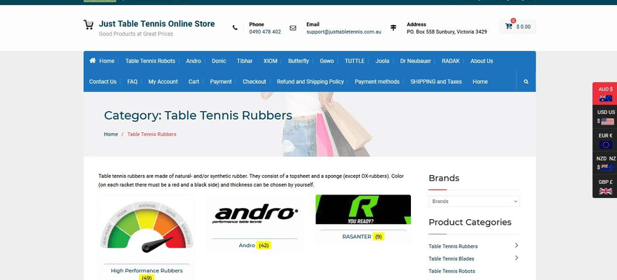 Just Table Tennis’s category page has an information-rich header background.