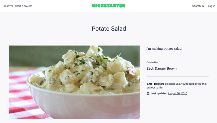 Kickstarter example Zach Brown's donation for potato salad