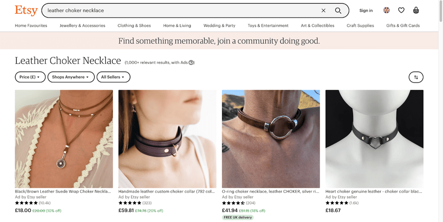 Product results on Etsy for leather chokers, shwoing four product photos of various leather chokers