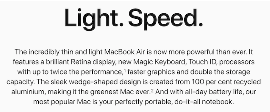 Light Speed Apple ad, simple text on white background