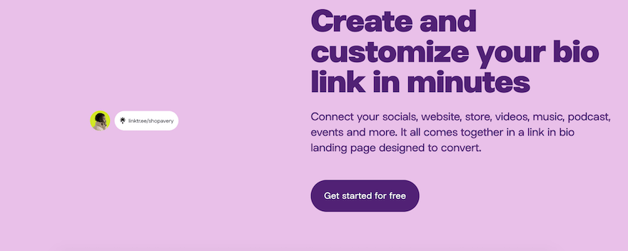 Linktree purple web page for creating and customizing bio links