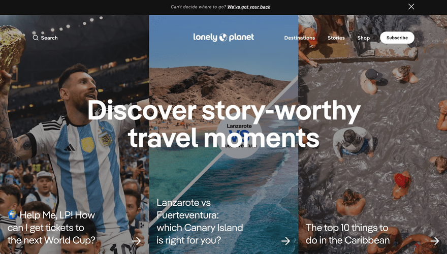 Lonely Planet hompage with bright image backgrounds